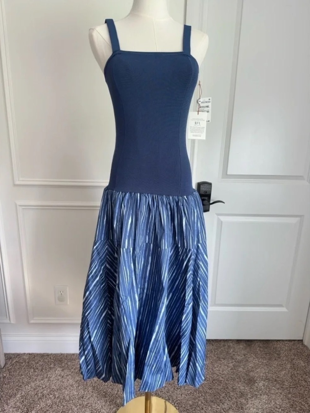 Blue Knit Bodice Maxi Skirt Dress with Striped Tiered Hem